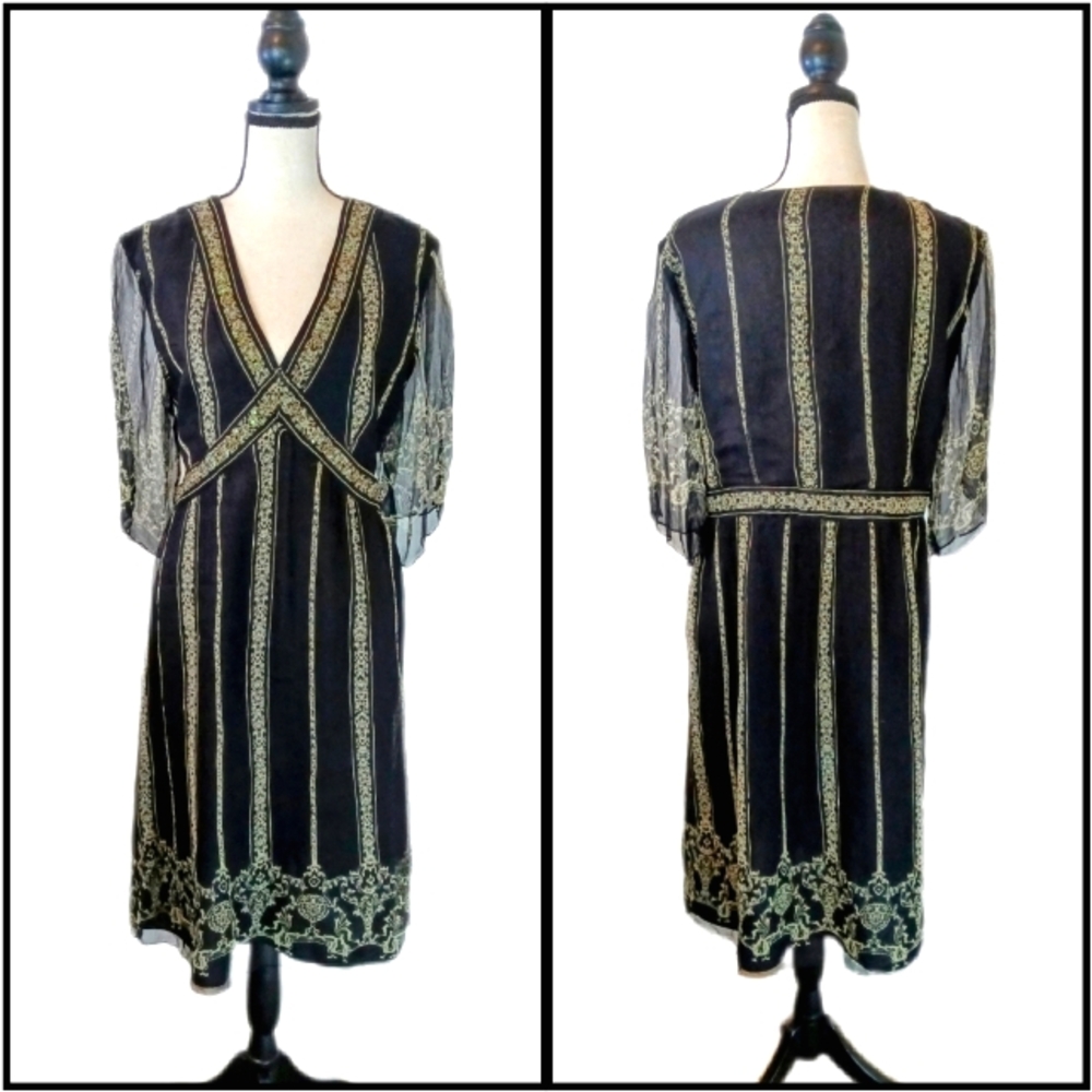 Casual Living Boho Gypsy Party Sequin Black Gold Women's Peasant Dress size L